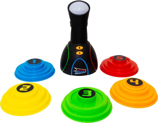Een zwarte Hyper Dash spelconsole met vijf gekleurde targets: blauw, geel, groen, oranje en rood.