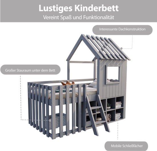 Lit cabane pour enfant 90x200, avec toit et fenêtre, avec espace de rangement ouvert, avec échelle d'escalade, lit superposé pour enfant en bois massif sans matelas, gris