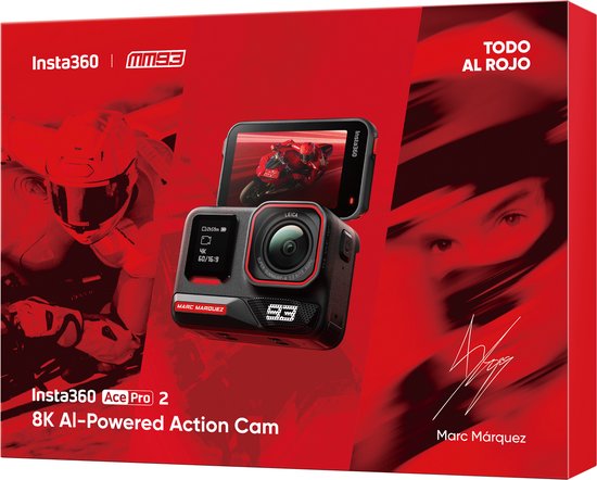 Insta360 Ace Pro 2 8K actiecamera, Marc Márquez editie op rode verpakking met grafische elementen en handtekening.