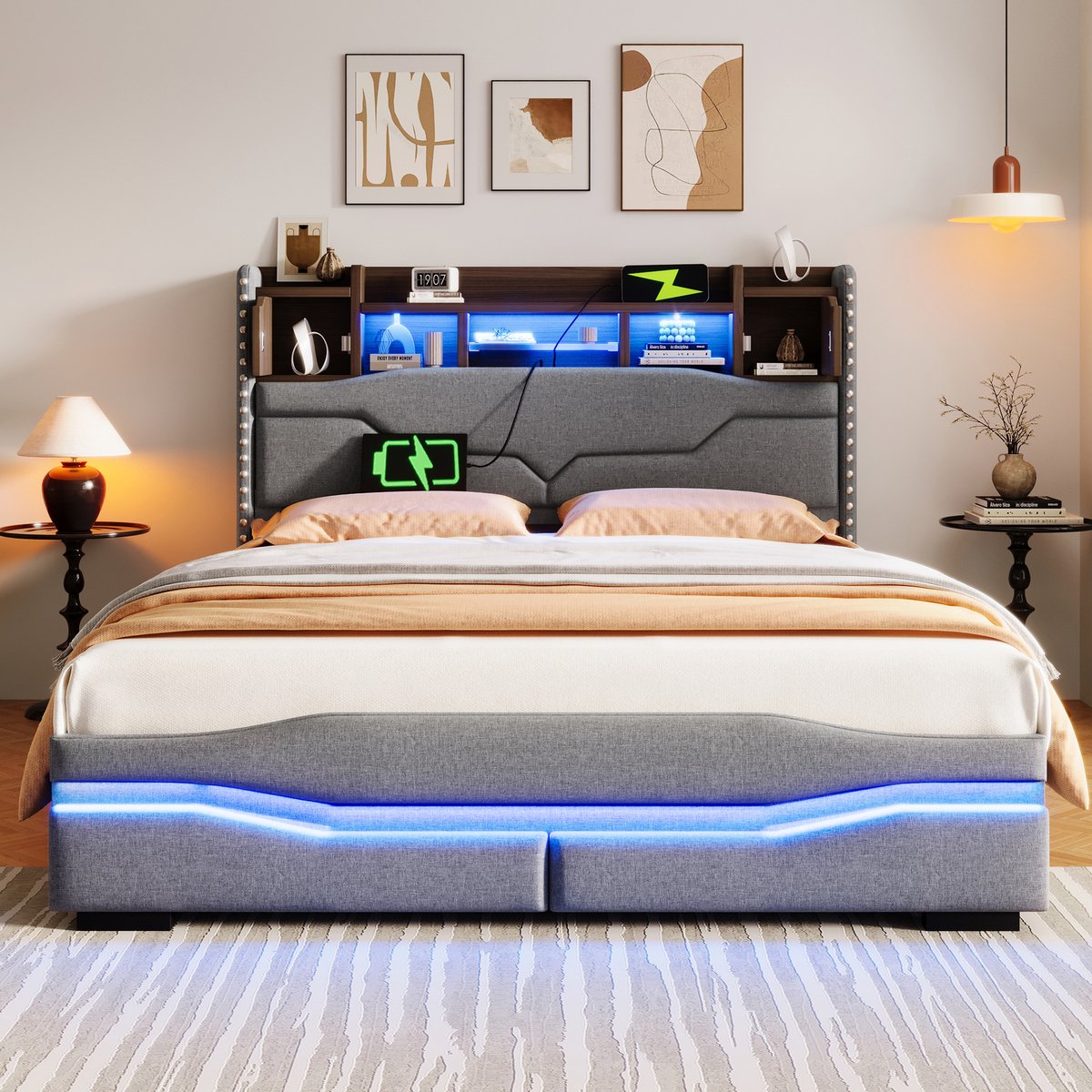 Gutent Gestoffeerd bed - 140x200 cm - met USB-oplaadcontact - sfeerverlichting - met opbergvak - hydraulisch opbergbed - Zonder matras - Grijs