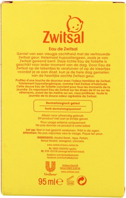 Achterkant van Zwitsal Eau de Toilette verpakking met tekst en productinformatie.