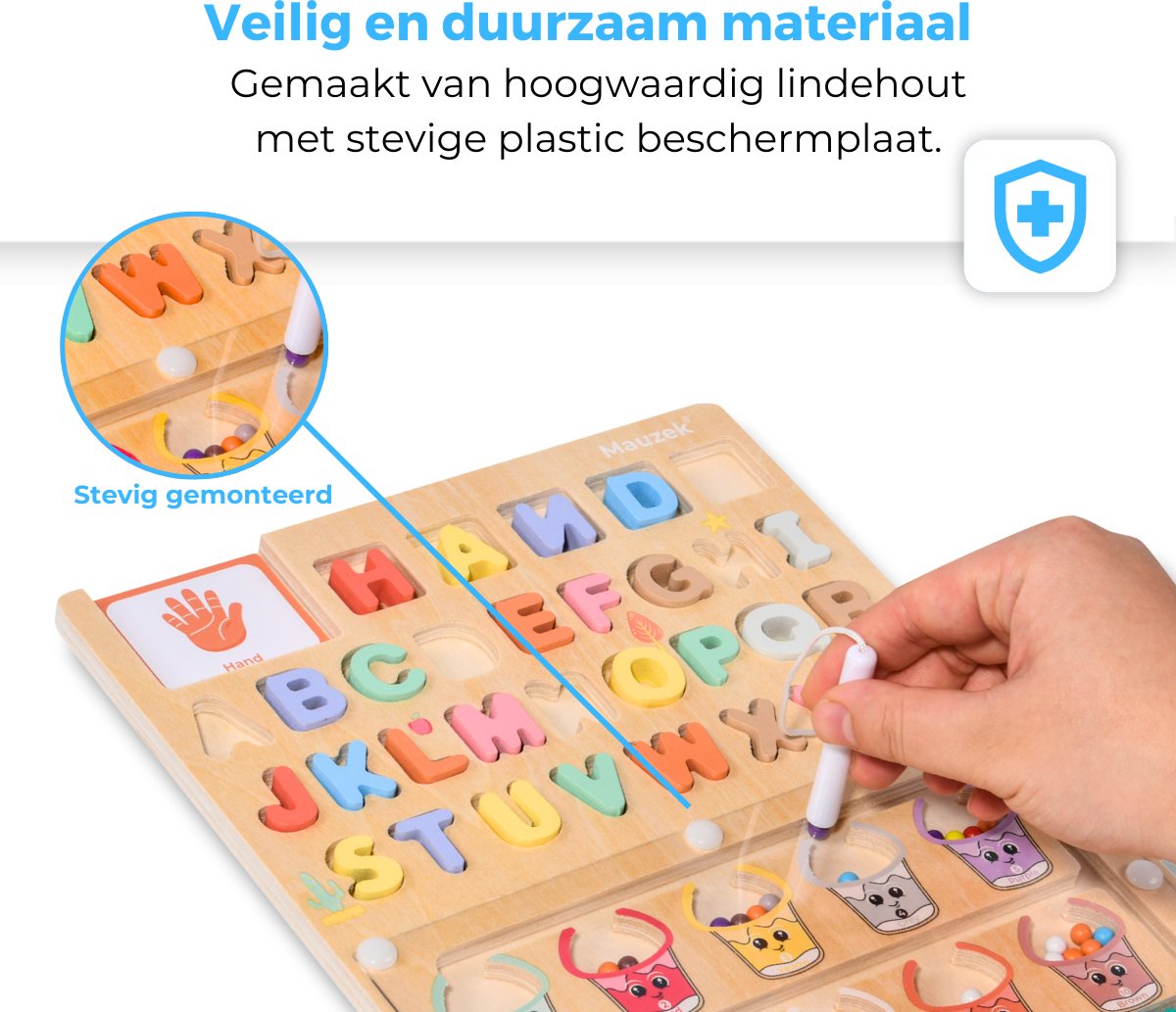Mauzek® Magnetisch Doolhof Letters en Kleuren – Montessori speelgoed – Houten speelgoed – Sensorisch speelgoed – Alfabet – Activiteitenbord – Motoriek speelgoed – Peuter – Letters – Magneet spel – Jongens – Meisjes – 3 jaar – 4 jaar – 5 jaar – 6 jaar — afbeelding 5