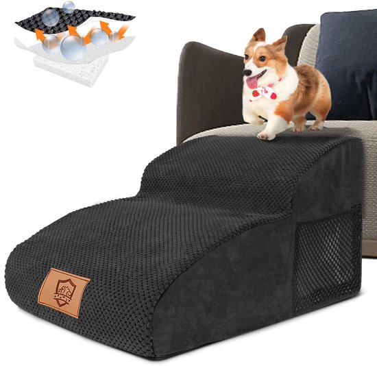 HEVOL Hondentrap Voor Kleine Honden, Hondentrap Met 3 Treden Hondentrap Van Hoogwaardig Sponsmateriaal 40 Cm Hoog Hondentrap Met Wasbare Hoes Antislip Hondenhelling Voor Bed En Bank Zwart