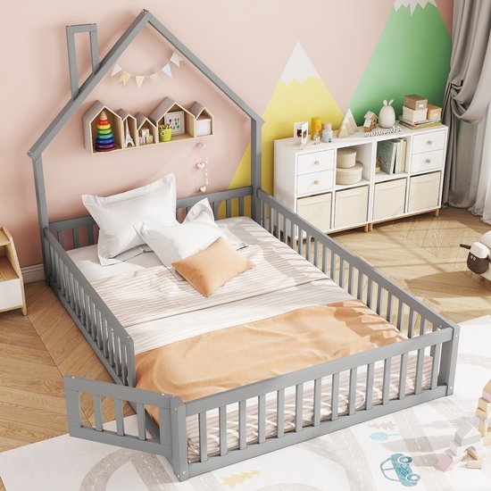 Lit capitonné - lit cabane - 140 x 200 cm - lit enfant cheminée - sommier à lattes sans matelas - pin - gris