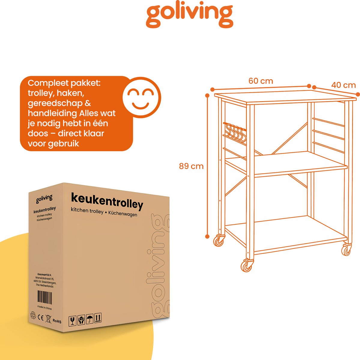 Goliving Keukentrolley 60 x 40 x 89 cm met haken thumbnail 6