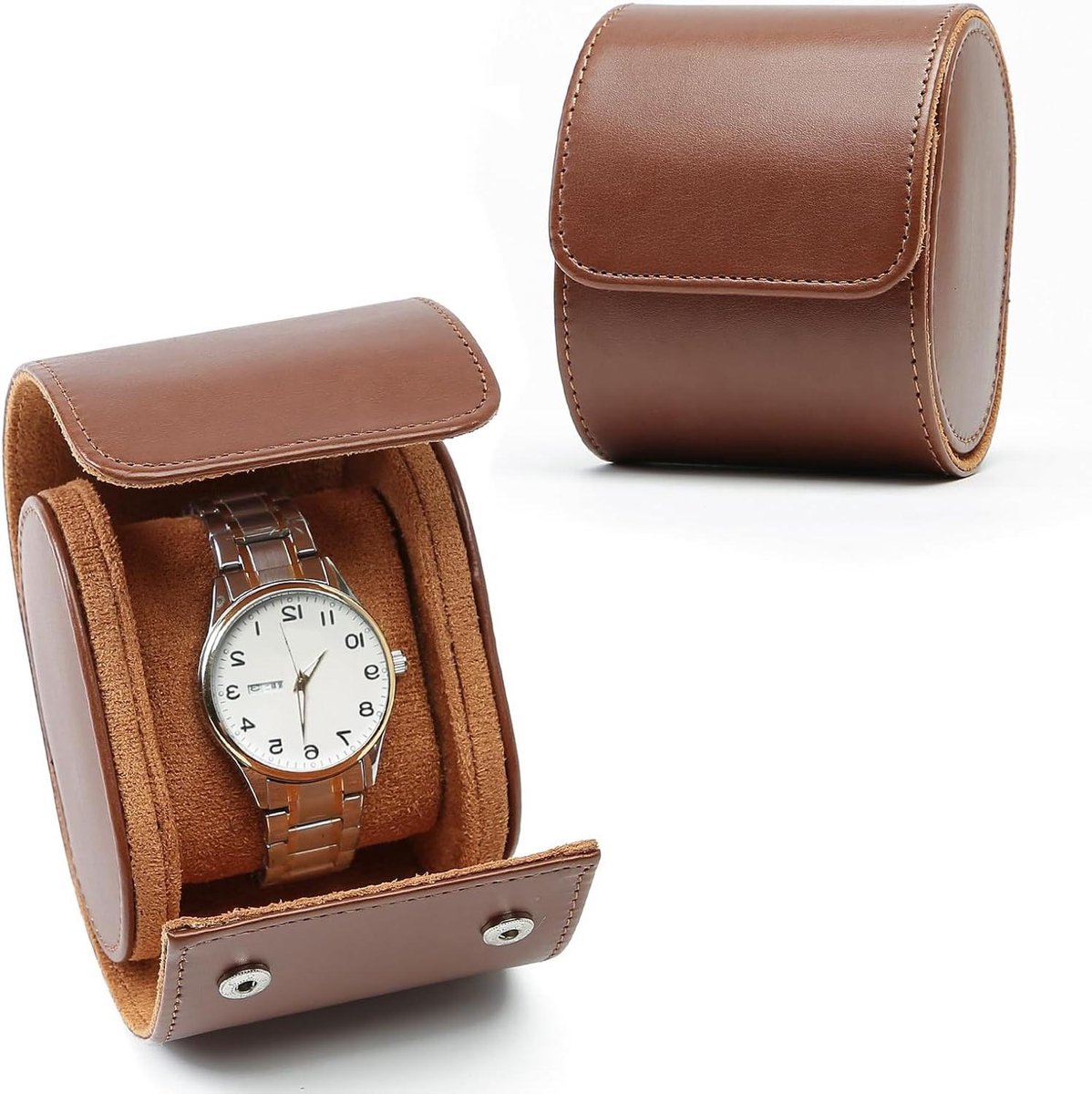 Allecto plus - Luxe PU-lederen horlogerol voor op reis - Opbergdoos voor 1 horloge - Bruin - Organizer en display voor heren en dames - Kerstcadeau - Jubileum - Praktisch en stijlvol - 75 karakters