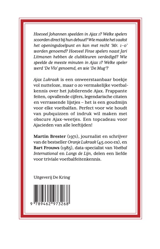 Boek "Ajax Lukraak" van Martin Brester en Bart Frouws. Met een barcode en ISBN-nummer.