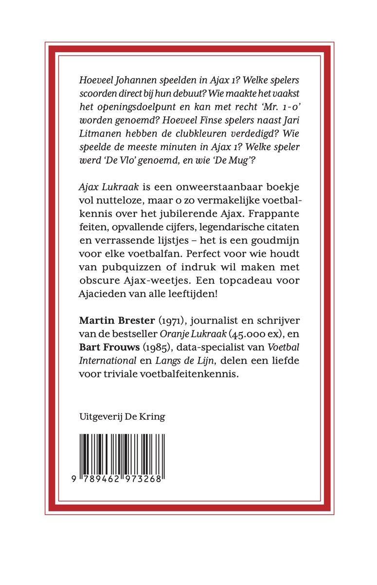 Boek "Ajax Lukraak" van Martin Brester en Bart Frouws. Met een barcode en ISBN-nummer.