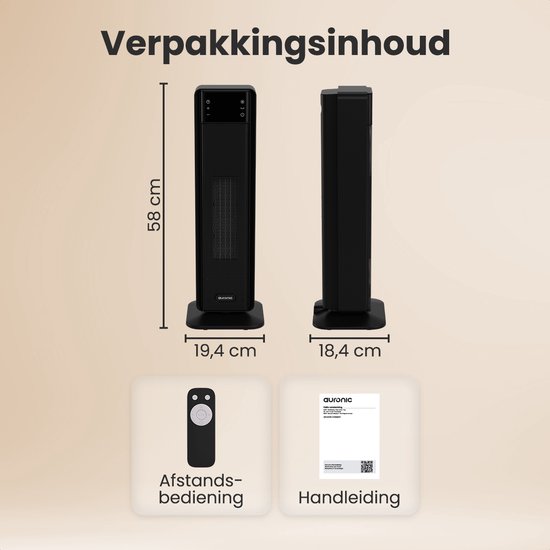 Auronic Elektrische Kachel - 2000W Heater - Keramische Kachel - Tot 30m2 - Roterend - Toren Kachel - Met Afstandsbediening - Zwart