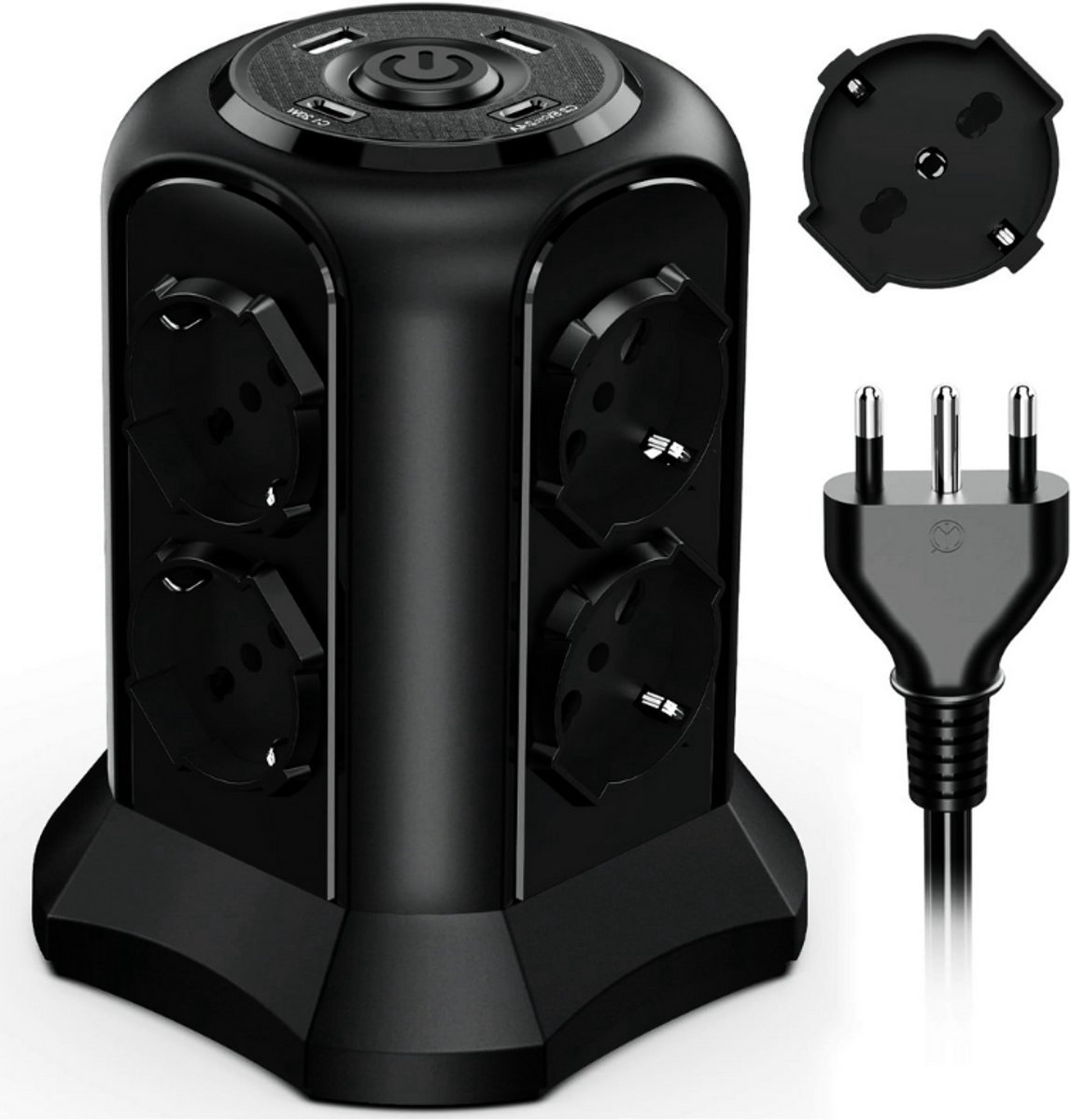 Thuys – Verticale Stekkerdoos Met 8 Universele Stopcontacten – Overspanningsbeveiliging – Met Schakelaar – 2 m Kabel – Zwart