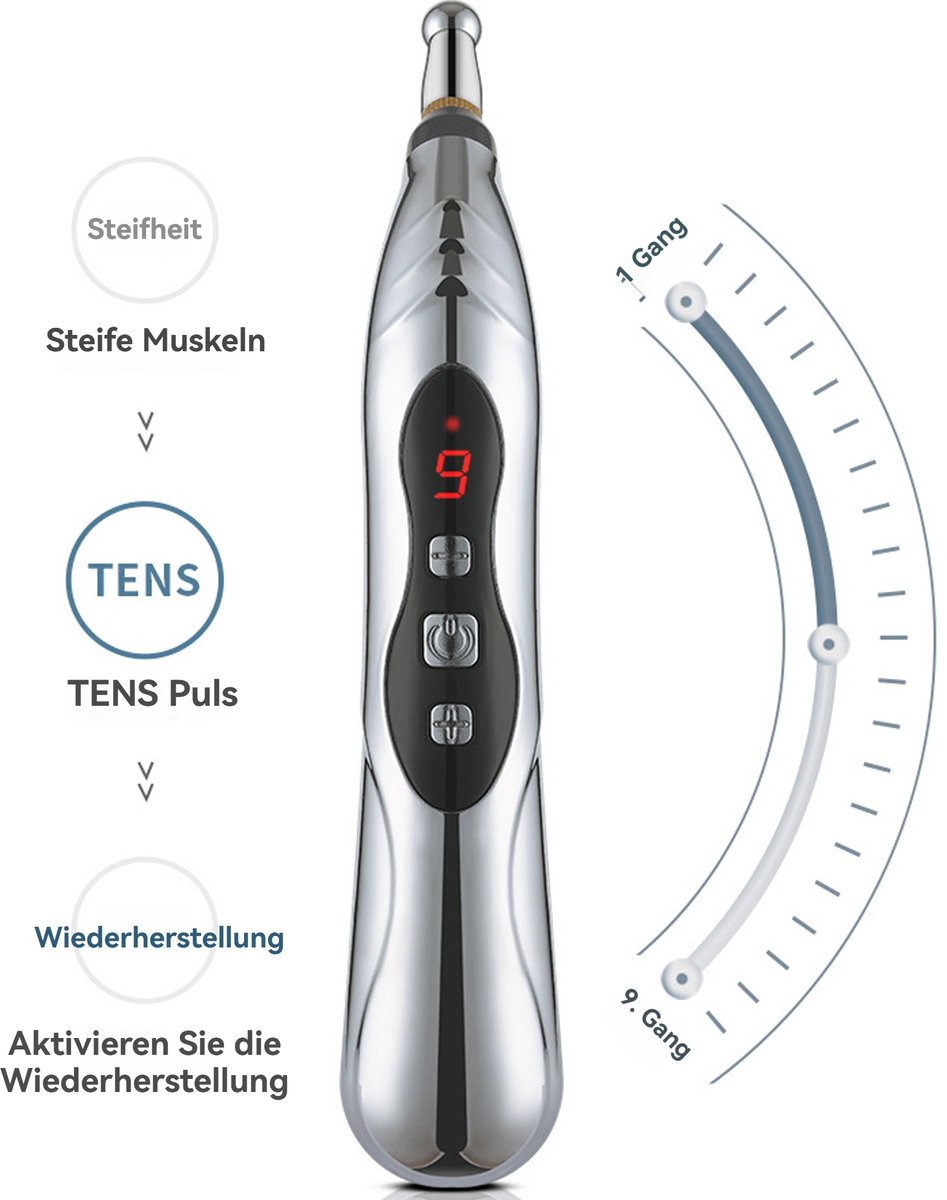 Afbeelding 2 van CHIWIN Acupunctuur Massagepen – 9 Standen Elektrische Meridiaanpen – Inclusief 5 Massagekoppen – Microstroom Therapie voor Nek, Schouders en Rug – USB Oplaadbaar – Zonder Naalden