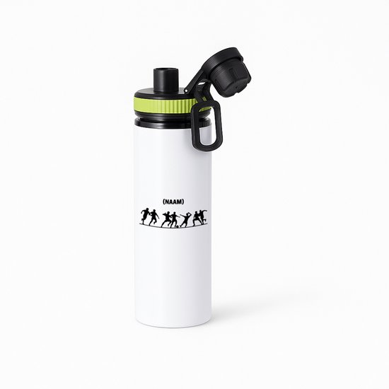 Bouteille d'eau blanche avec bouchon vert et silhouette noire de footballeurs. Au-dessus des footballeurs, il est écrit (NAAM).
