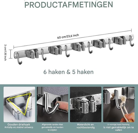 Bezemhouder-Bezem Ophangsysteem- 5 Houders 6 Haken- Tuingereedschap- Gereedschapshouder-RVS — afbeelding 2