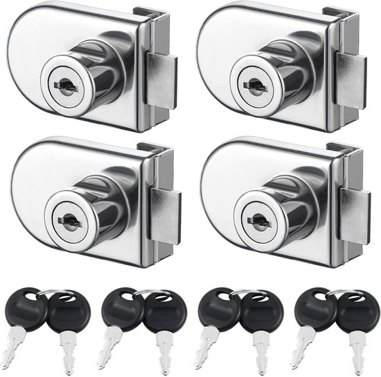 SoundZero 4 stuks glazen schuifdeur ratel slot met sleutels, glazen deurslot zonder boren, kastveiligheidsslot voor glazen deur kast display lade kast brievenbus deur showcase (met 8 sleutels