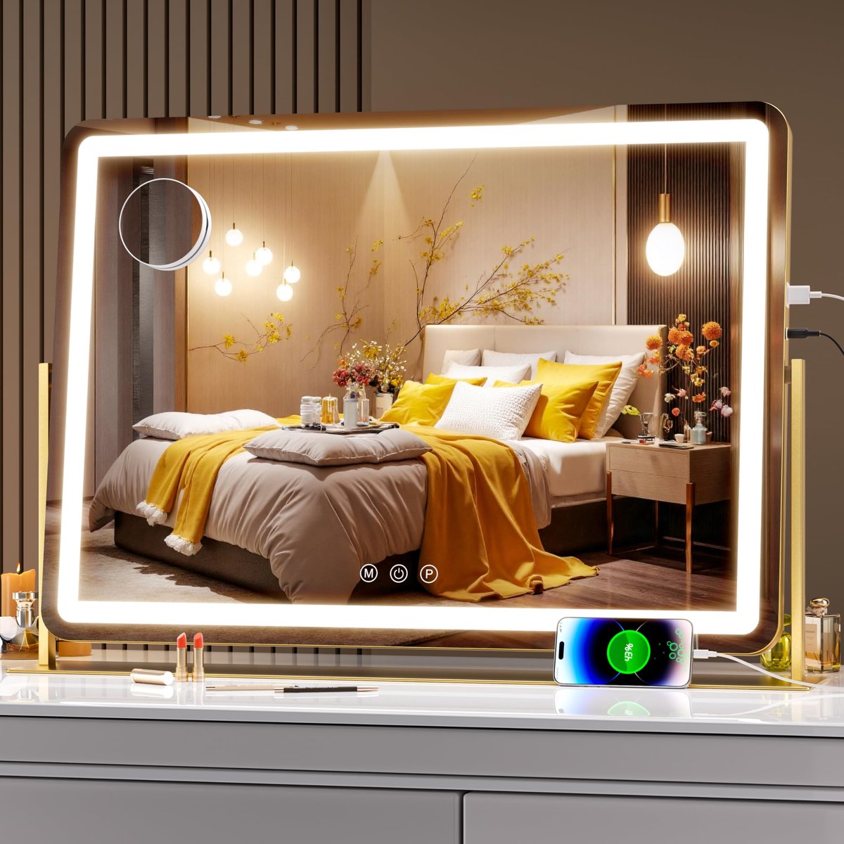 LED Make-up Spiegel Rond - 10x Vergroting & USB Oplaadbaar - 3 Lichtkleuren - Goud