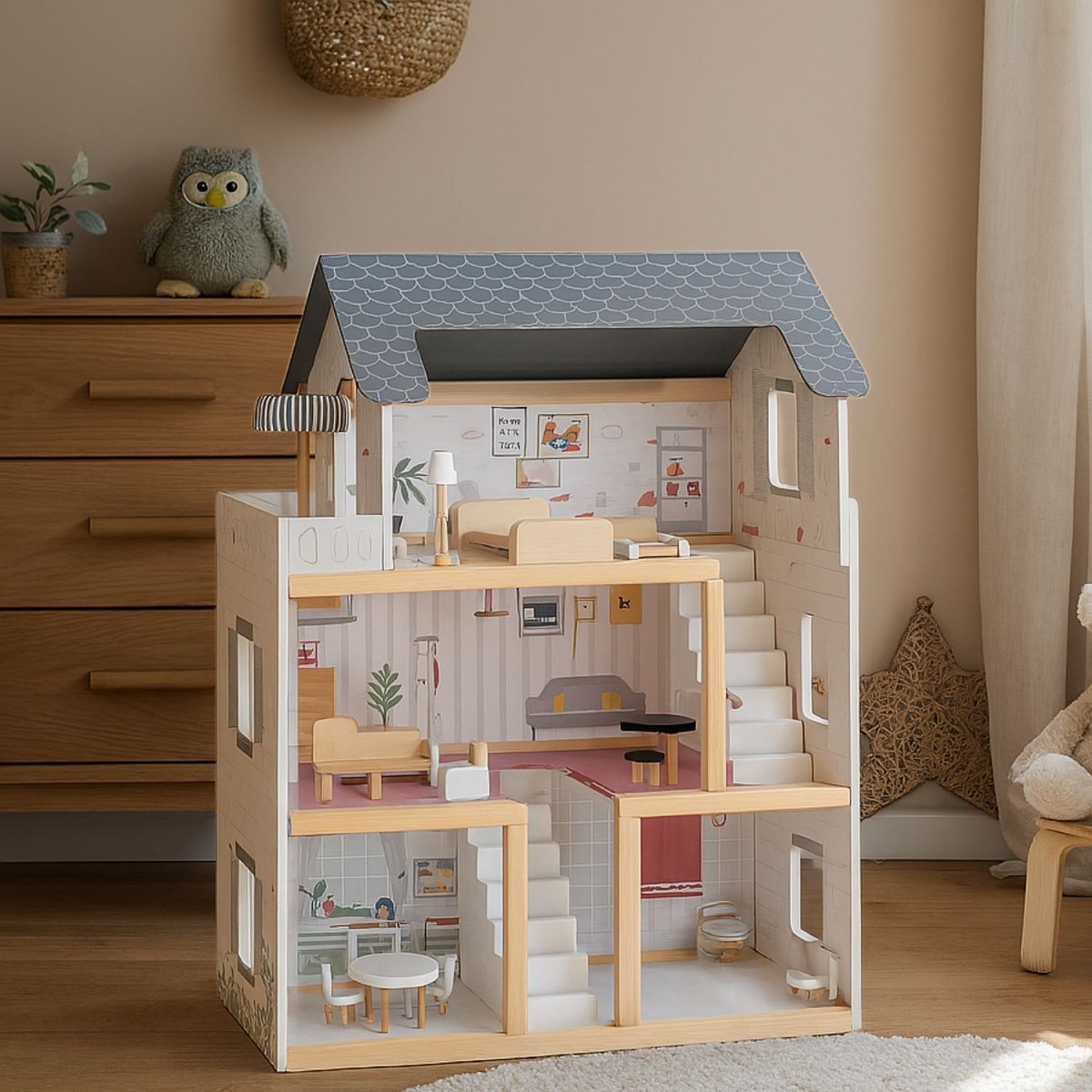Maxx Kidz Houten Poppenhuis met Meubels en LED Verlichting - Dollhouse van Hout - Kinderspeelgoed voor Jongens en Meisjes - 79 Onderdelen en Accessoires - 70 cm - Beige