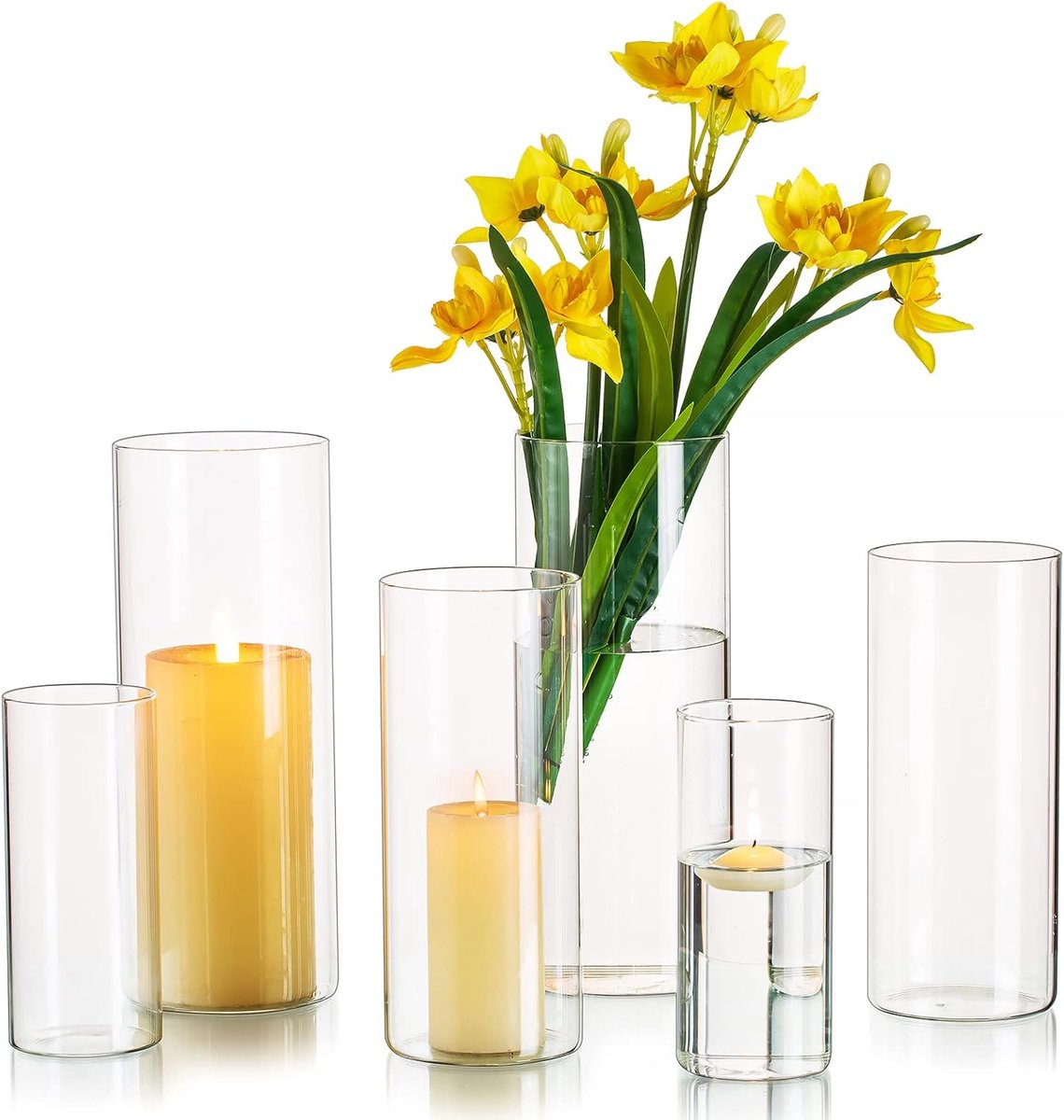 Famanu Glazen Cilinder Vazen Voor Tafeldecoratie, 6Pcs Heldere Vaas Set Voor Bruiloft Evenementen Centerpieces, Orkaan Kaars Houders Voor Pijler Drijvende Kaarsen, Bloemen Vaas Woonkamer Home Decor
