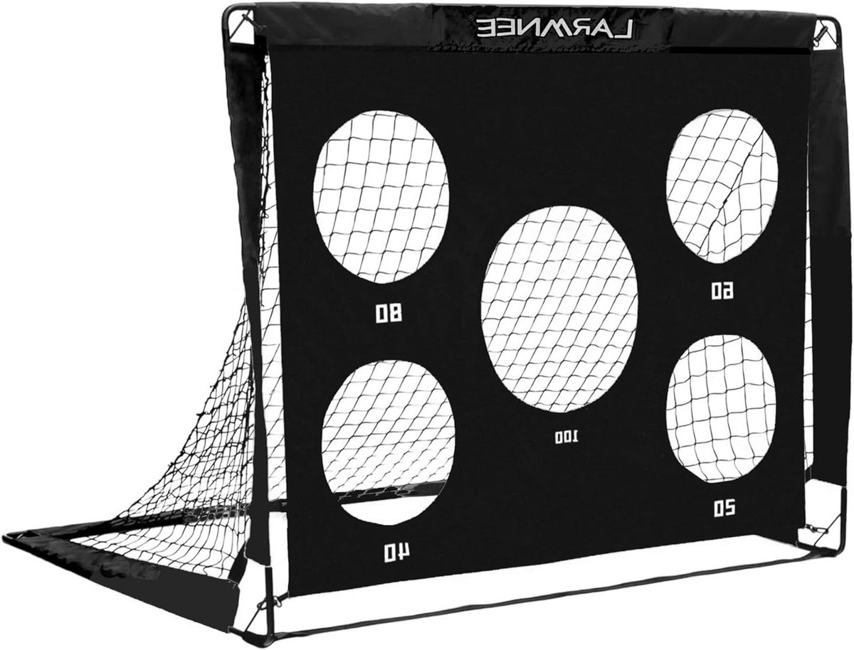 Allecto plus - Voetbaldoel kids opvouwbaar draagbaar 2-in-1 gaten zwart/geel - inclusief draagtas en haringen - buiten spelen tuin gazon