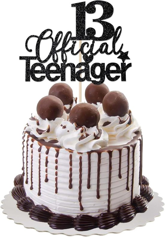 ENLACE Taartdecoratie voor de 13e verjaardag, meisjes, tieners, officiële tienerdecoratie voor de 13e verjaardag, tieners, jongens, glitter, zwart, taartdecoratie, verjaardag, 13 jaar, voor jongens en