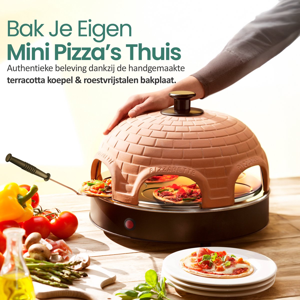 Emerio Pizzarette Origineel - 6 Persoons Pizza Oven - Handgemaakte Terracotta Koepel - 6 Geïsoleerde Bakspatels - RVS Bakplaat - Gourmetstel met Cool touch koepel - PO-115984 1200W – foto 3