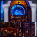Collage: blauwe wereldbol met gouden wijzer, werktafel met stoel en boeken, en een bibliotheek met boekenkast.