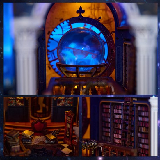 Collage: blauwe wereldbol met gouden wijzer, werktafel met stoel en boeken, en een bibliotheek met boekenkast.