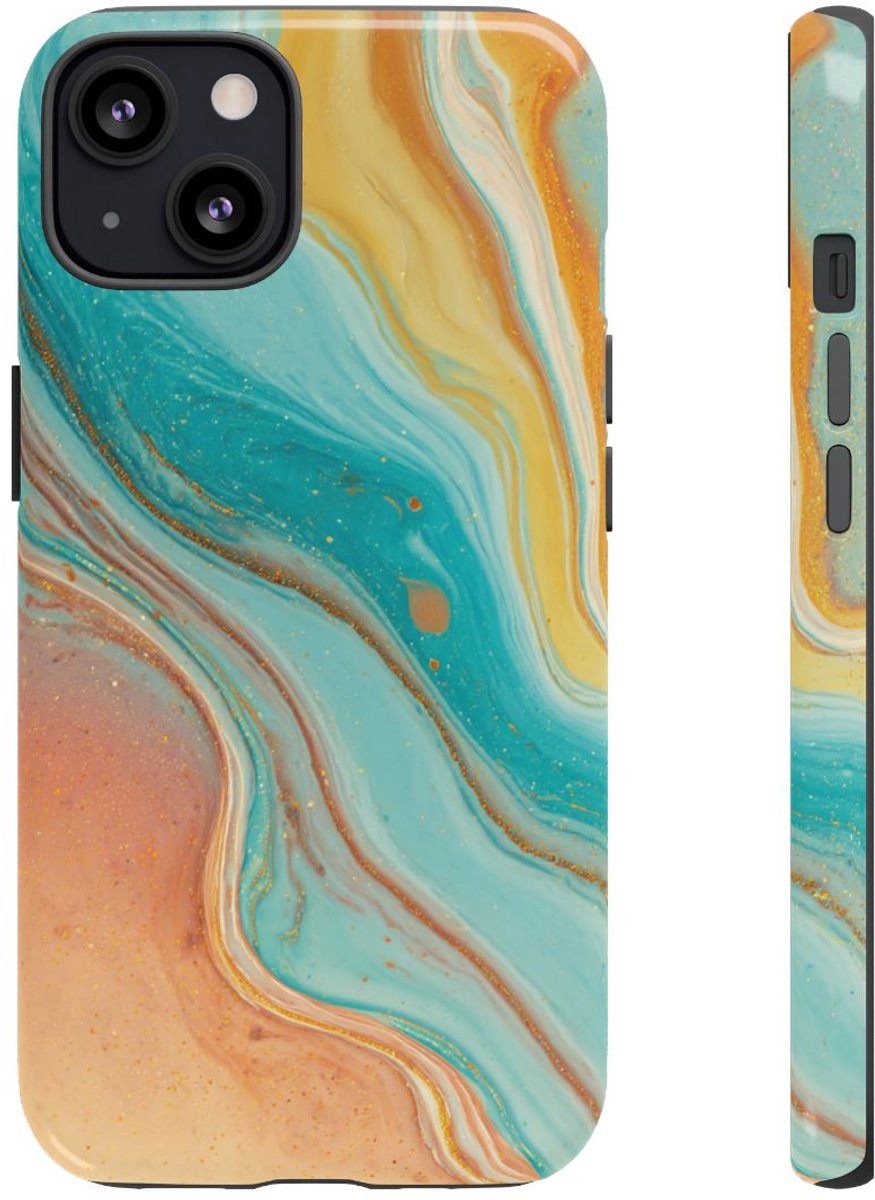 Oranje en Teal Marmer Abstract – Telefoonhoesje Geschikt voor iPhone 13