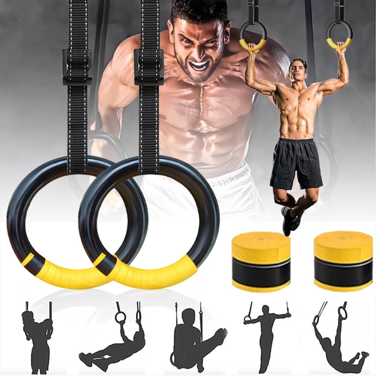 Gym Rings - Gymnastiek Ringen - met banden - Gymrings voor Calisthenics, Krachttraining - Zwart