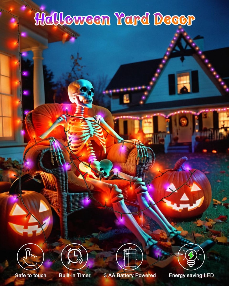 BrizLabs [Set van 2] Halloween-decoratie, lichtketting op zonne-energie, oranje, paars, 14 m, 120 leds, lichtketting voor buiten, waterdicht, 8 modi
