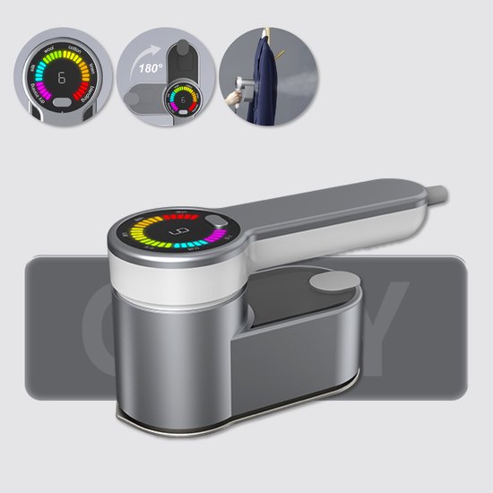 Colorful Sun® Draagbare Stoomstrijkijzer – 180° Draaibare Handgreep – 6 Temperatuurstanden – Digitaal Display – 120ML Waterreservoir – Voor Plat & Verticaal Strijken – Met Hittebestendige Voet – Reisstrijkijzer – Mini Strijkijzer – Grijs