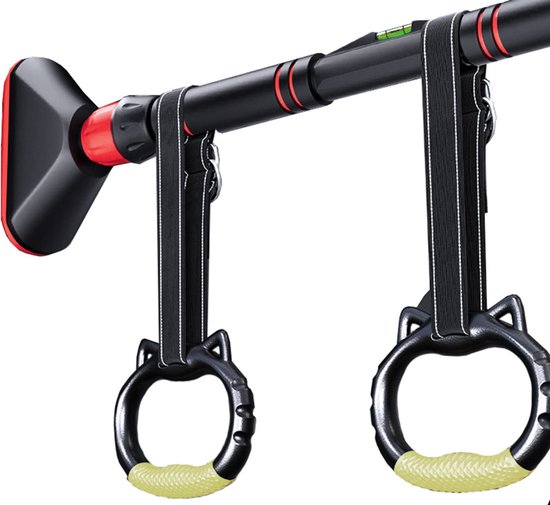 Zwarte optrekstang met rode accenten en bijgeleverde fitnessringen.