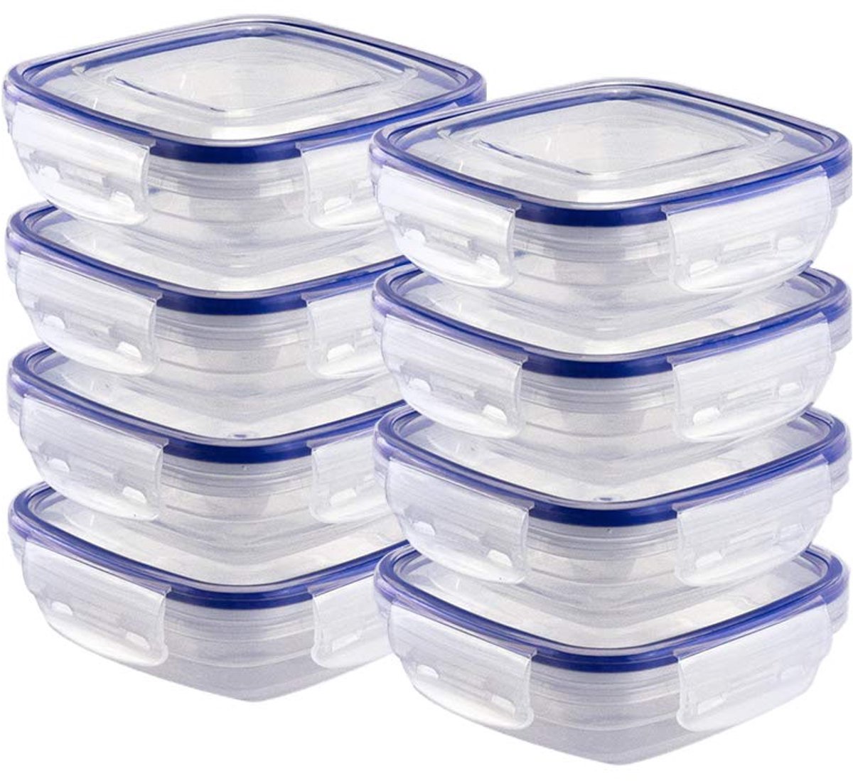 Grizzly kunststof voedselcontainers set, 8x opslagcontainers met deksel, plat, vierkant, stapelbaar, magnetron- en vaatwasserbestendig