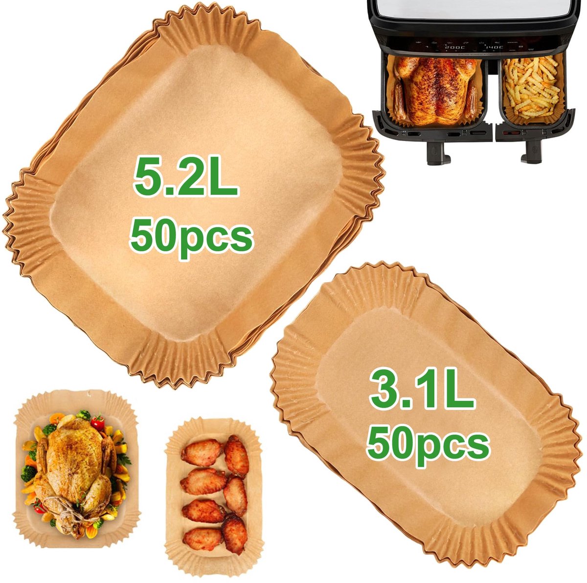 100 stuks bakpapier voor heteluchtfriteuse voor Dual Basket Airfryer 3000-serie, 8,3 L, , Airfryer bakpapier voor Dual Easy Fry 5,2/3,1 L, Airfryer accessoires