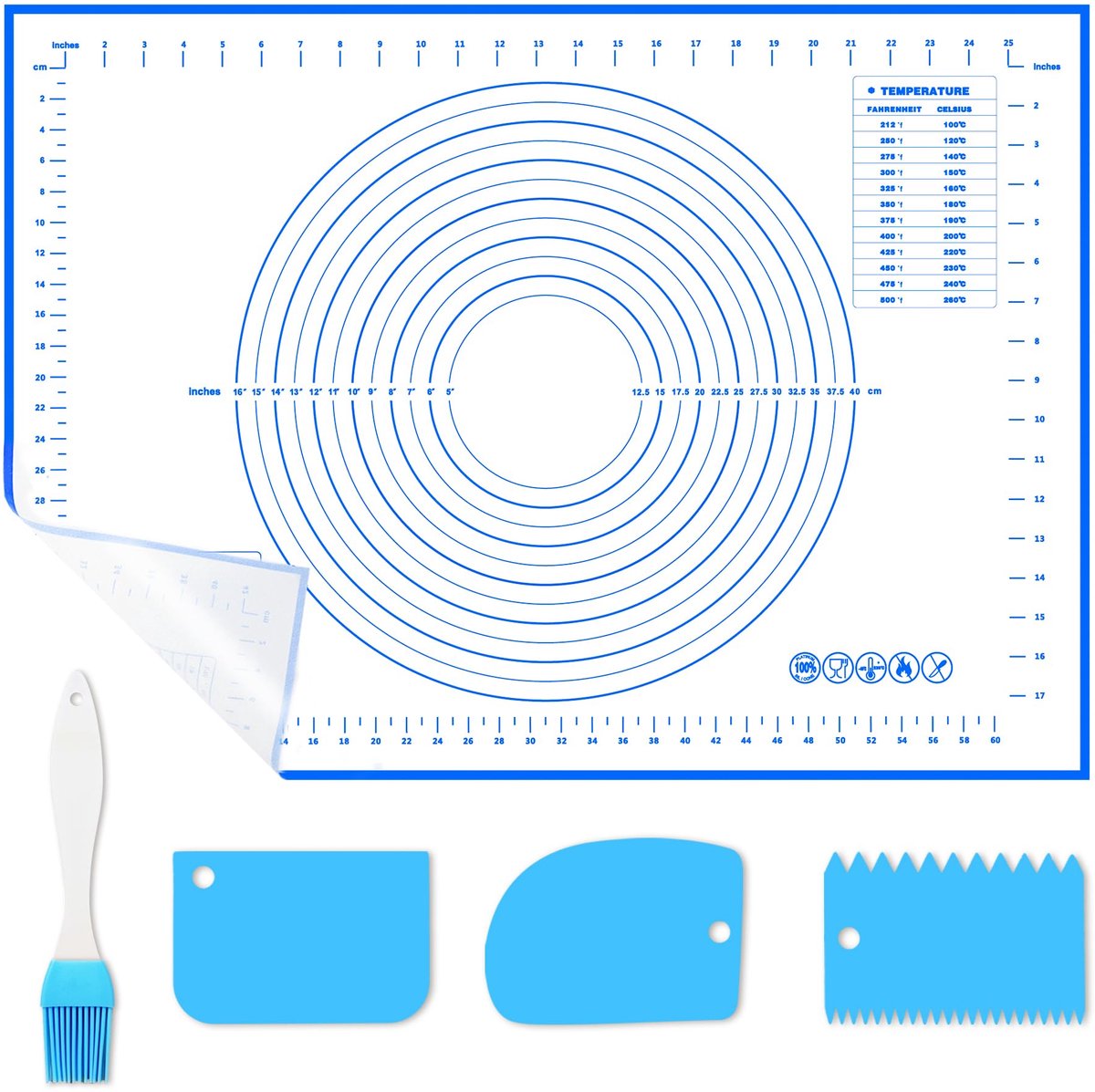 WECUTE Siliconen bakmat 70 x 50 cm Antislip siliconen bakmat met maatverdeling, herbruikbare fondantaccessoires voor deeg, fondant, macarons, koekjes (met 3 deegschrapers en 1 borstel)