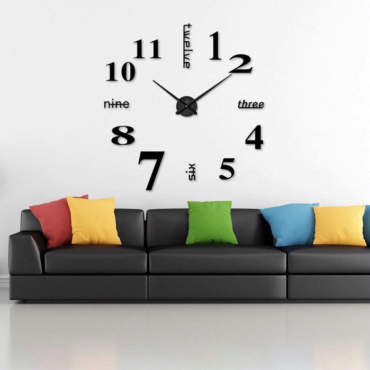 Tijdachtige DIY wandklok, DIY wandklokken met 3D visuele stickers Moderne design acryl wandklokken geschikt voor huisdecoratie, restaurant, kantoor en hotel Zwart