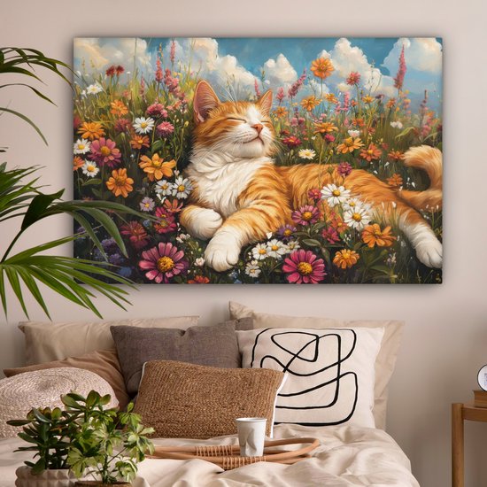 Een schilderij van een oranje gestreepte kat die slaapt in een veld vol kleurrijke bloemen.