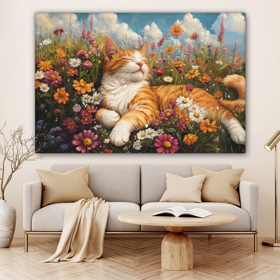 Tableau sur toile 180x120 cm - Décoration murale exclusive Chat - Fleurs - Relax - Décoration murale salon - Décoration chambre - Accessoires chambre - Peintures sur toile
