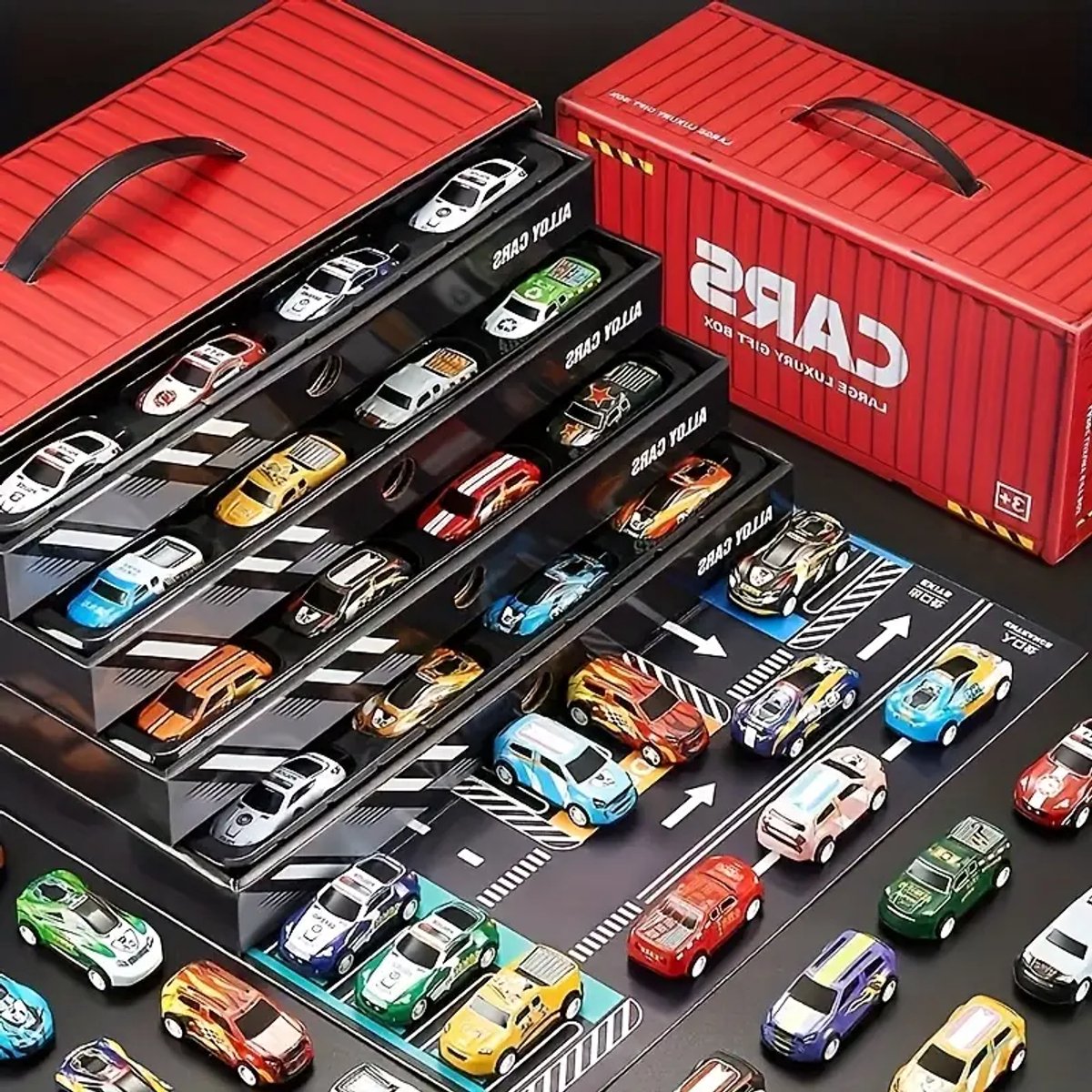 48 stuks Speelgoed auto's - Raceset in Cadeaubox – Inclusief Racebaan, Wegenkaart – Interactieve Speelset voor Kinderen – Verzamelauto’s – Cadeau voor Jongens en Meisjes - Speelgoed auto set- Speelgoed voor Kerst -Speelgoed voor Verjaardagen — afbeelding 2