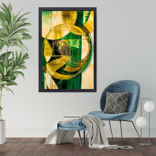 Groene en gouden abstracte cirkels - Cirkel canvas kunst - Canvas lijnen - Abstracte kunst - Canvas met houten lijst - Landelijke schilderijen - canvas met baklijst 40x60 cm