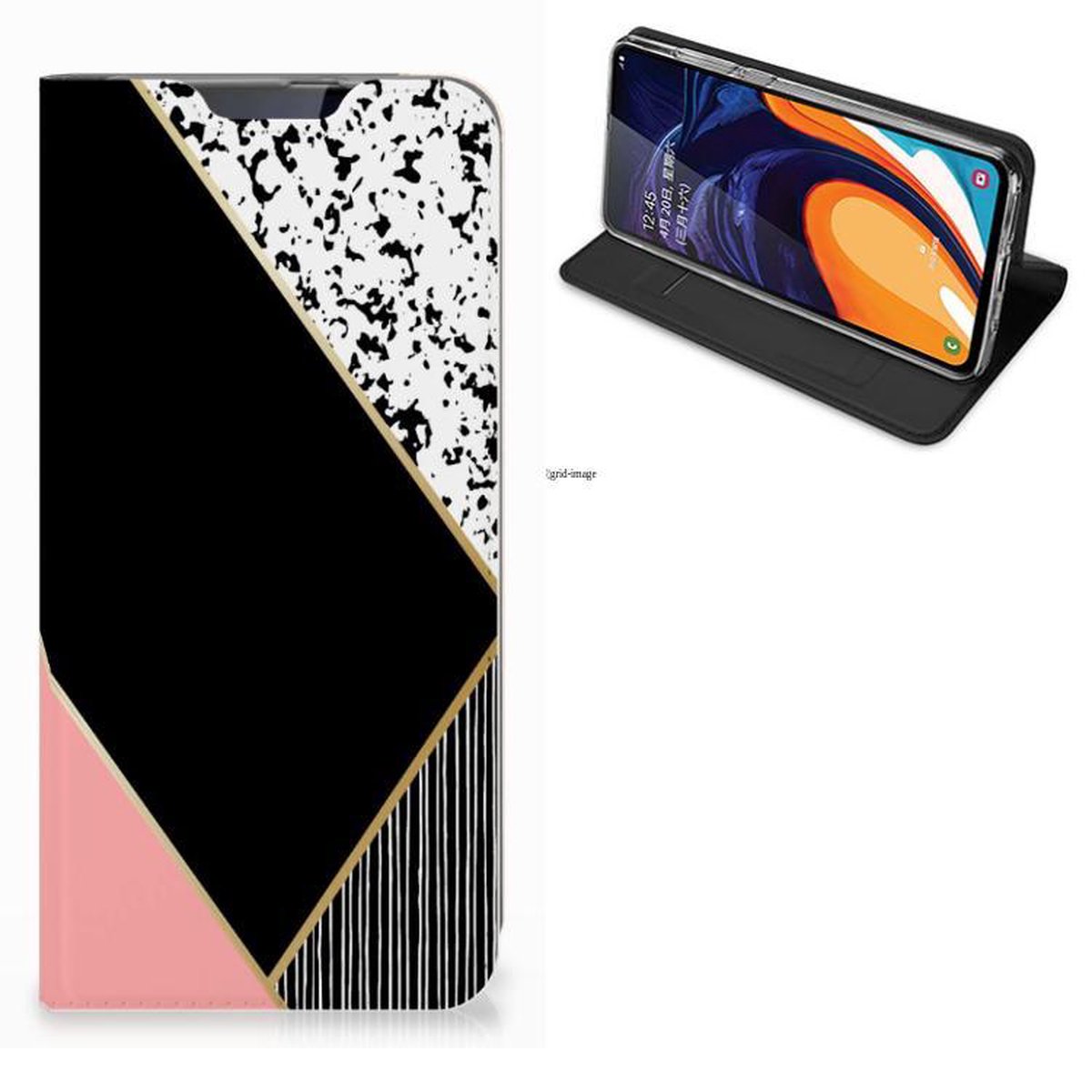Samsung Galaxy A60 Stand Case Zwart Roze Vormen