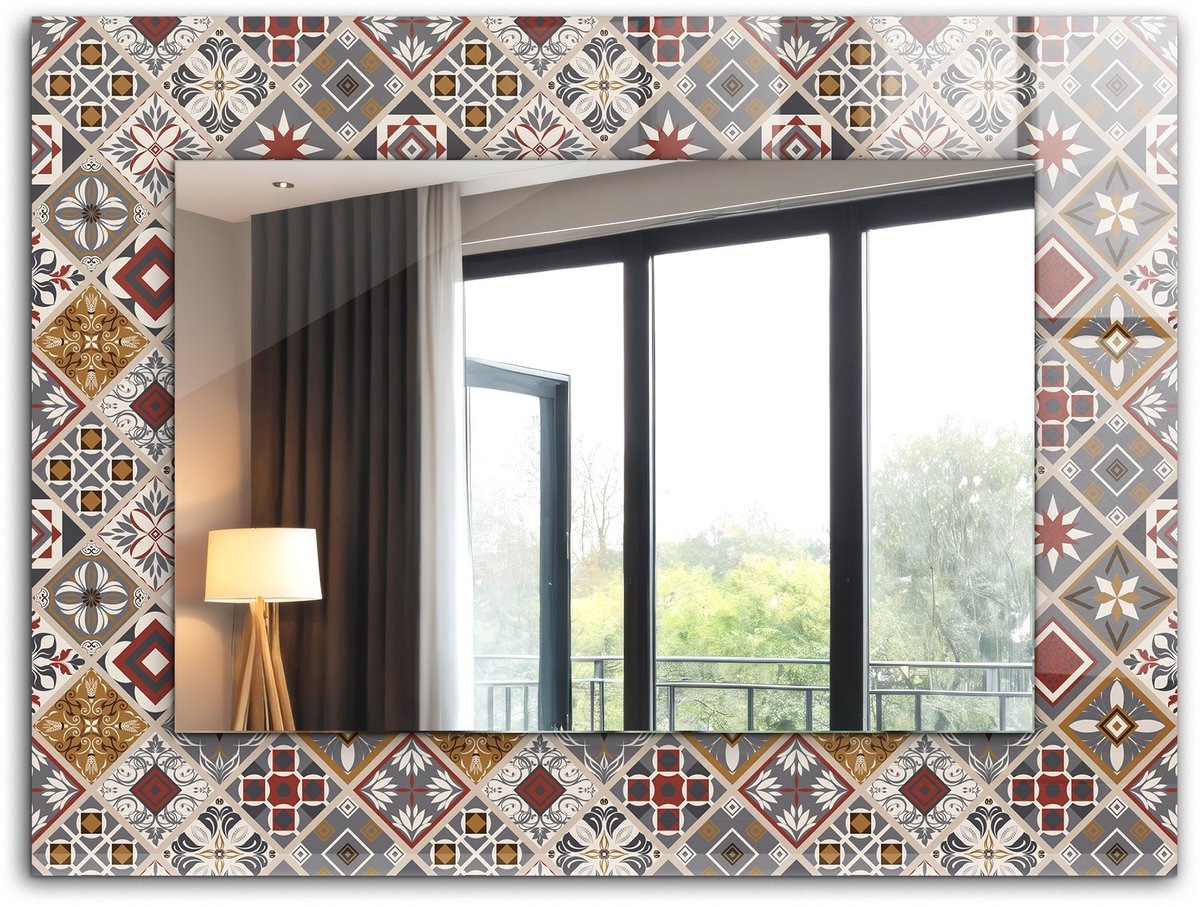 Tulup Spiegel - Vierkante Spiegel - Spiegel op gehard Glas - Kleurige tegelpatronen - 80 x 60 cm - Spiegel met patroon - Woonkamer gang - Badkamerspiegel - Muurspiegel slaapkamer - Make-up Spiegel - Klassieke Wandspiegel - Montageset