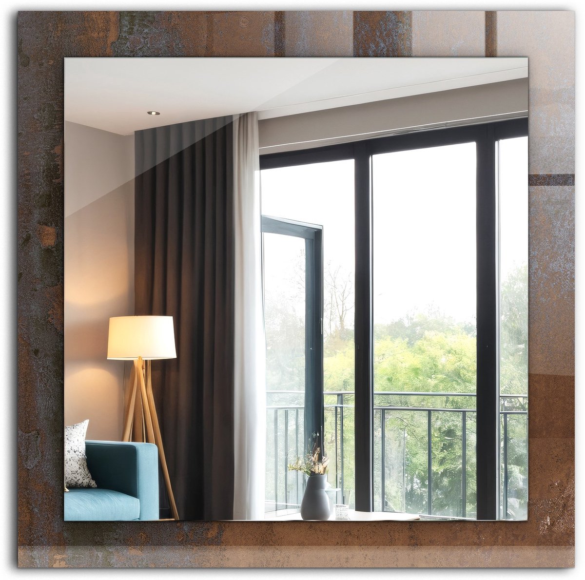 Tulup Spiegel - Vierkante vorm Spiegel - op gehard Glas - Trendy roestmetaal - 60 x 60 cm - Spiegel met decoratieve opdruk - Woonkamer gang - Badkamerspiegel - Muurspiegel slaapkamer - Scheerspiegel - Klassieke Wandspiegel - Montageset