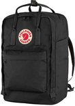 Zwarte Fjällräven Kånken rugzak met wit-rode logo en laptopvak.