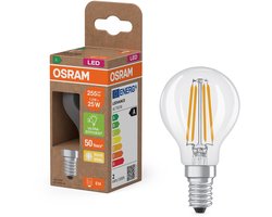 Osram LED lamp in classic globe shape, with decorative LED filament, energy efficiency class A, E27, 2.2 W, 470 lm, 4000 K, cool white. 100% light straight away, with no warming up. Low flickering