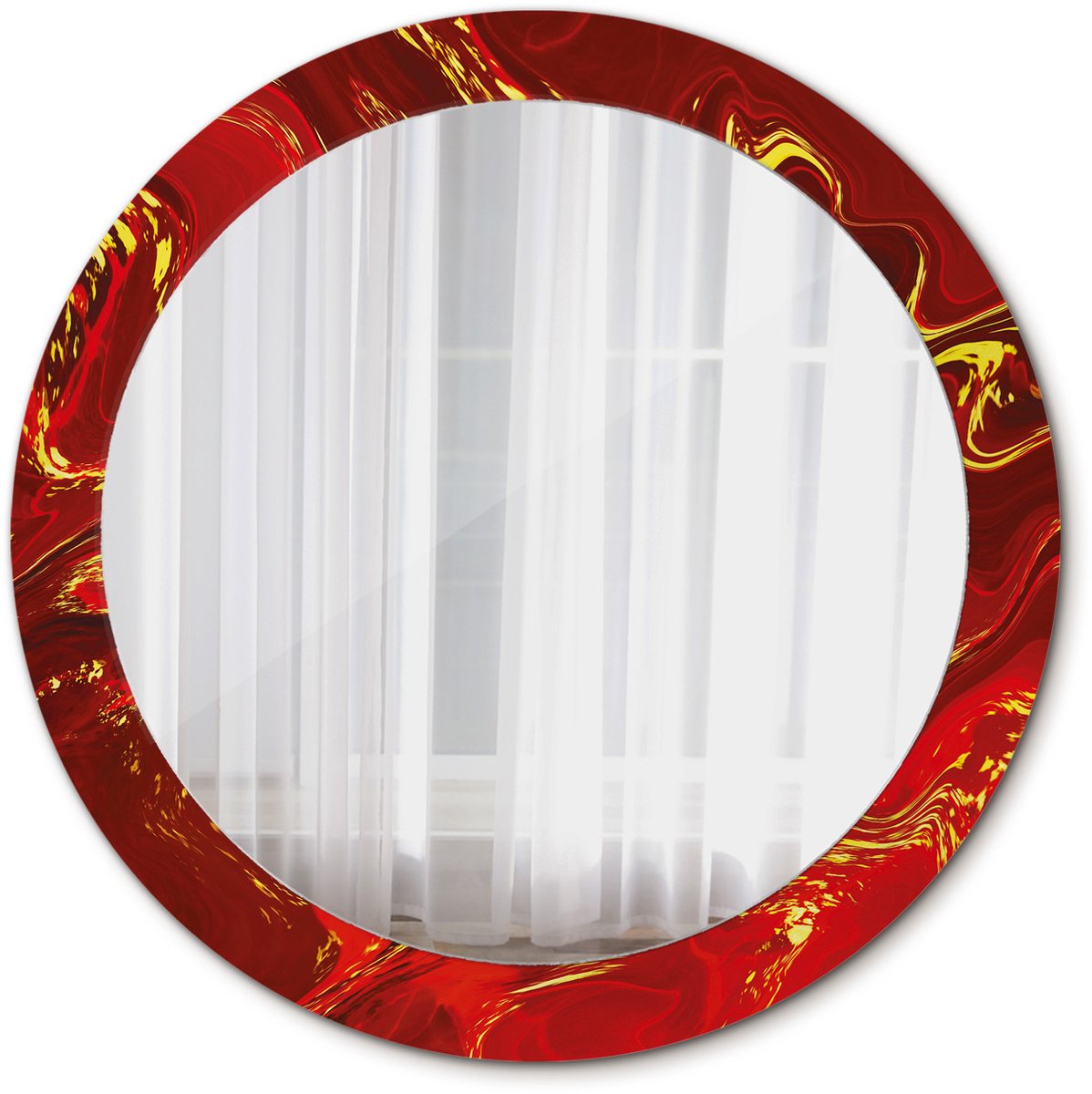 Tulup Spiegel - Ronde vorm Spiegel - op gehard Glas - Rood marmer - Diameter: 80 cm - Spiegel met een sierlijk motief - Woonkamerspiegel - Inloopkastspiegel - Hal - Rode - Met spiegelprint - Decoratief Spiegel - Hangspiegel