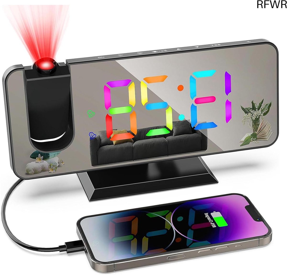 RFWR® Digitale Projectiewekker met Groot LED-Display en Sluimerfunctie - 7,4 Inch Klok met 180° Projectie