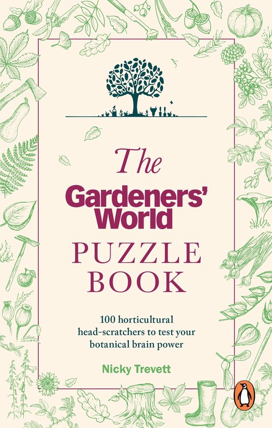 Boekomslag 'The Gardeners' World Puzzle Book' met tekeningen van tuinieren, planten en gereedschap.