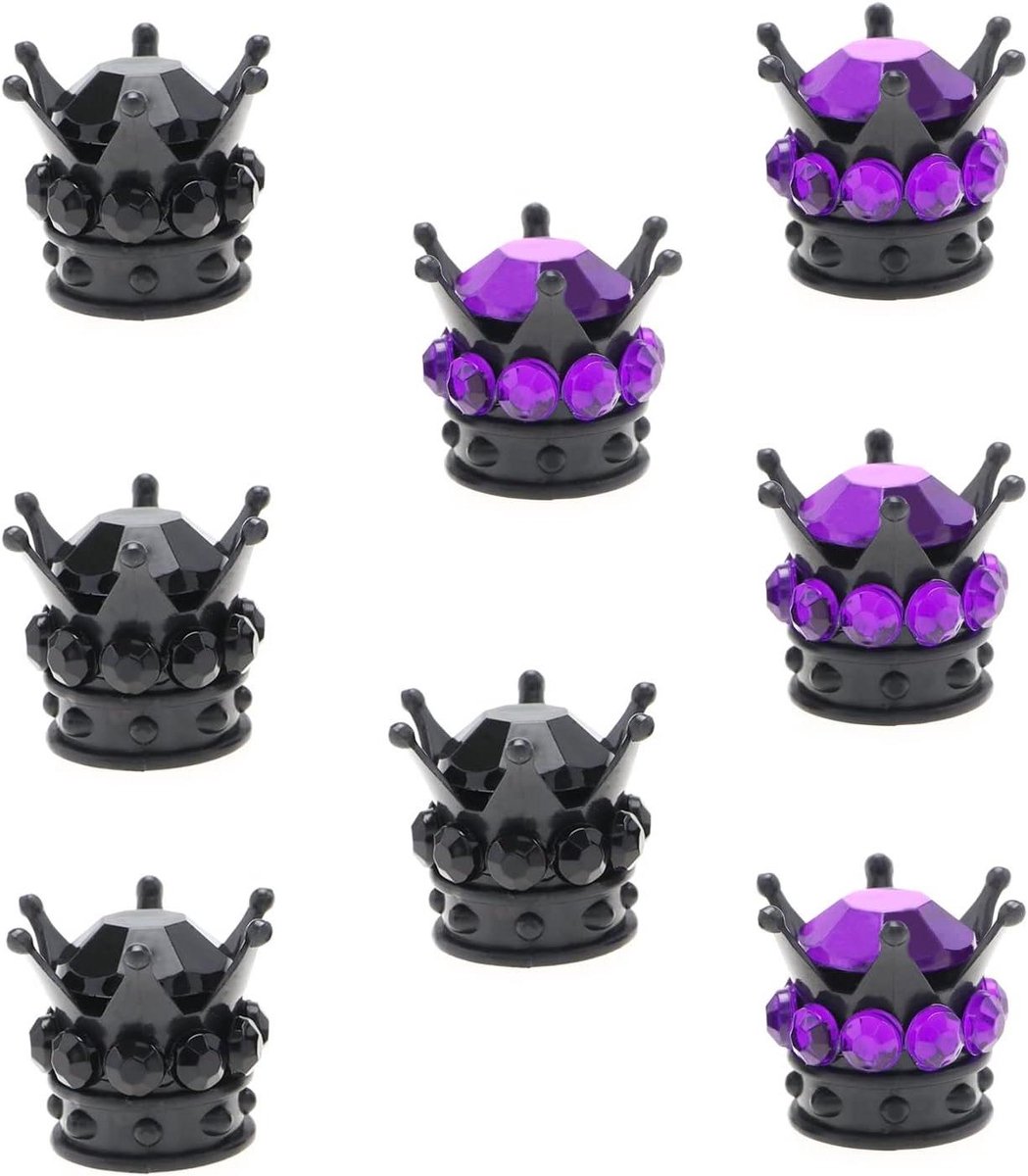 Allecto Plus - Set van 8 Kroon Ventieldopjes met Strass voor Auto, Truck, Motorfiets en Fietsmet 7mm Binnendiameter - Stylish en Praktisch Accessoire - Metaal - Zwart/Roze - Dust Caps - Band - Wiel - Ventiel.