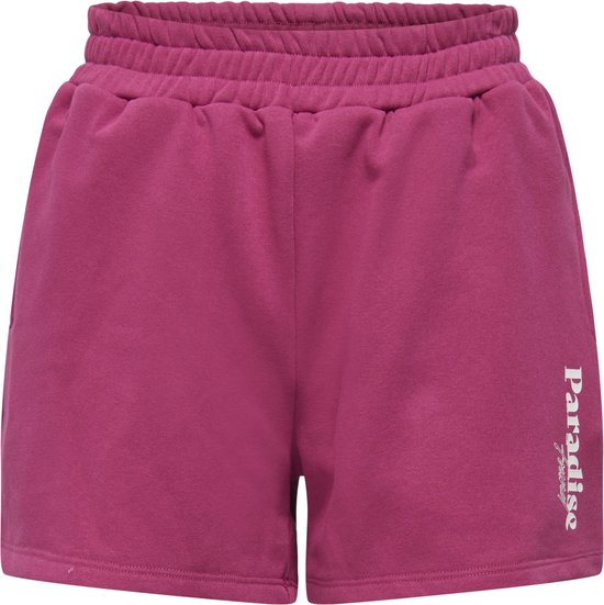 Fuchsia korte broek met elastische tailleband en de tekst "Paradise Found" op de zijkant.