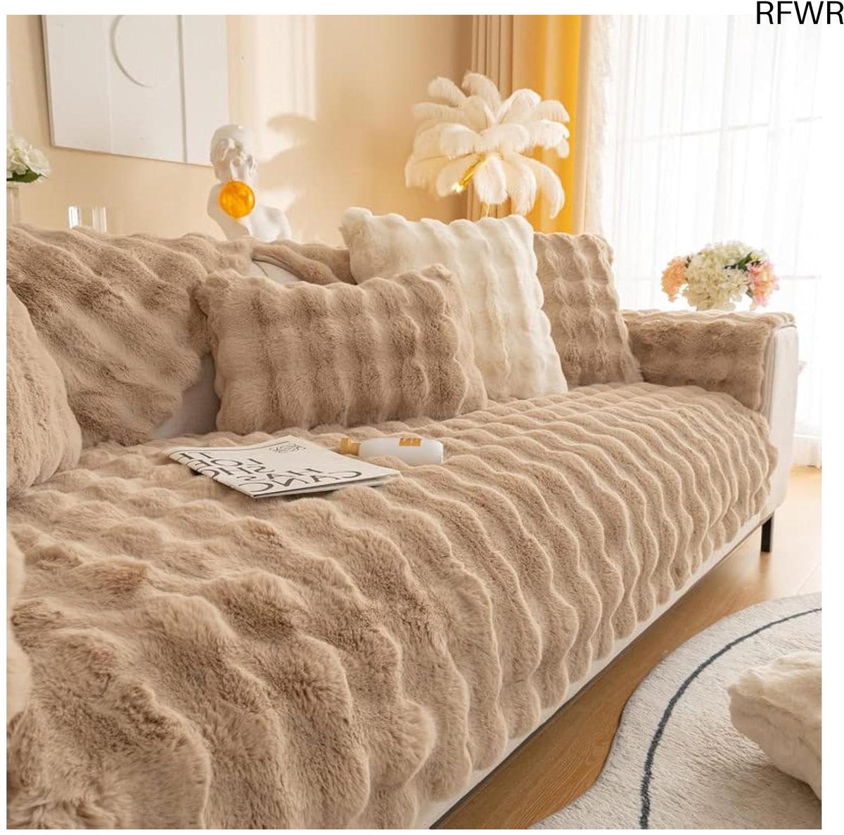 RFWR® Zachte Dikke Pluche Bankkussens - Antislip Bankhoezen voor 1-2- of 3-zitsbank, Kunstbont Hoekbankkussenhoes, Meubelbeschermer voor Woonkamer (Lichtkoffie, 70 x 70 cm)